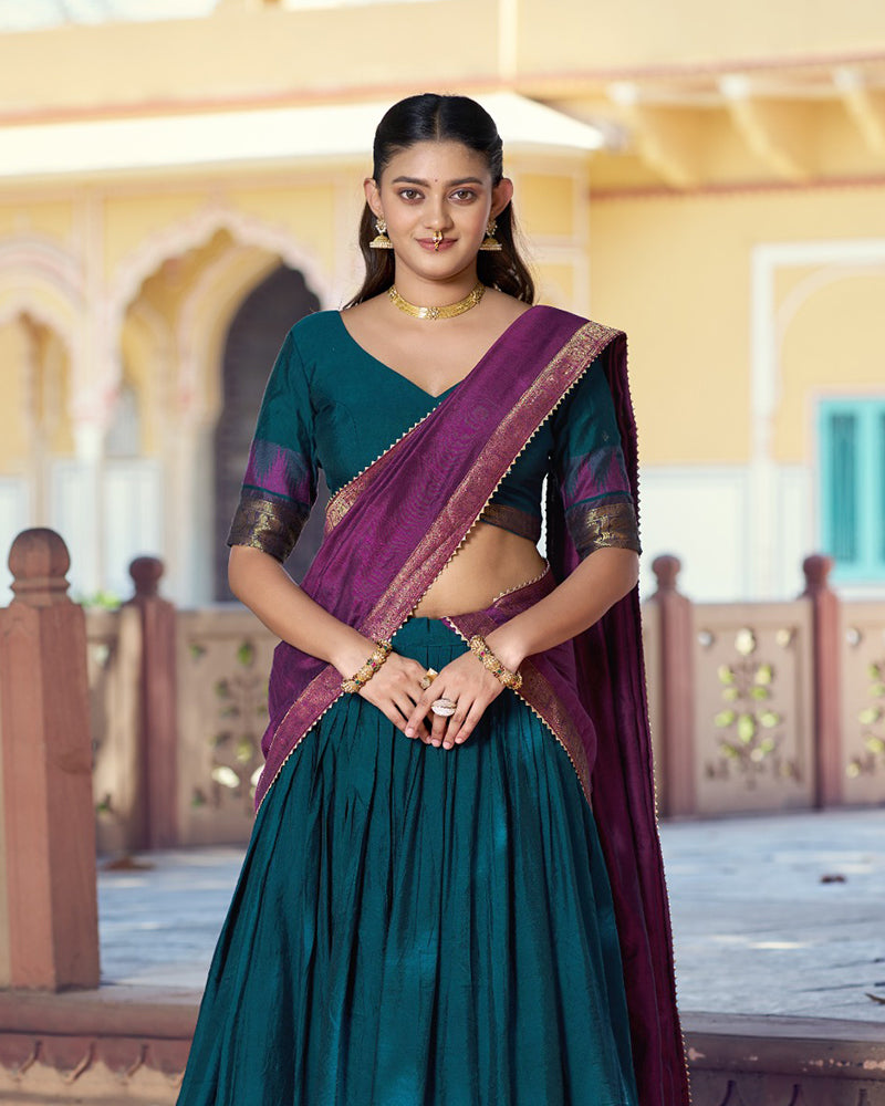 Teal Blue Color Poly Dyeable Zari Weaving  Half Saree