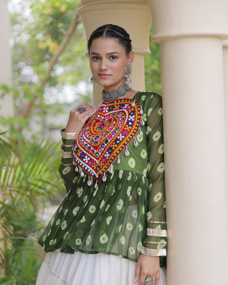 Parrot Green Color Bandhani Printed With Kora Cotton Navratri Lehenga Set