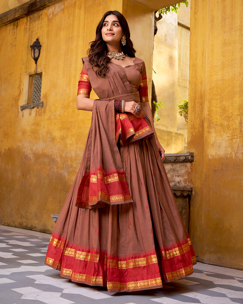 Elegant Brown Pure Chanderi Half Saree With Zari Weaving