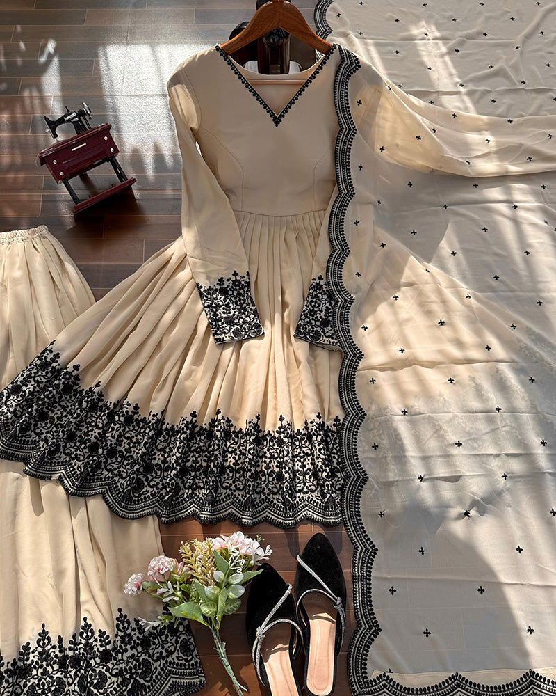 Off-White Color Faux Georgette Embroidered Plazzo Suit