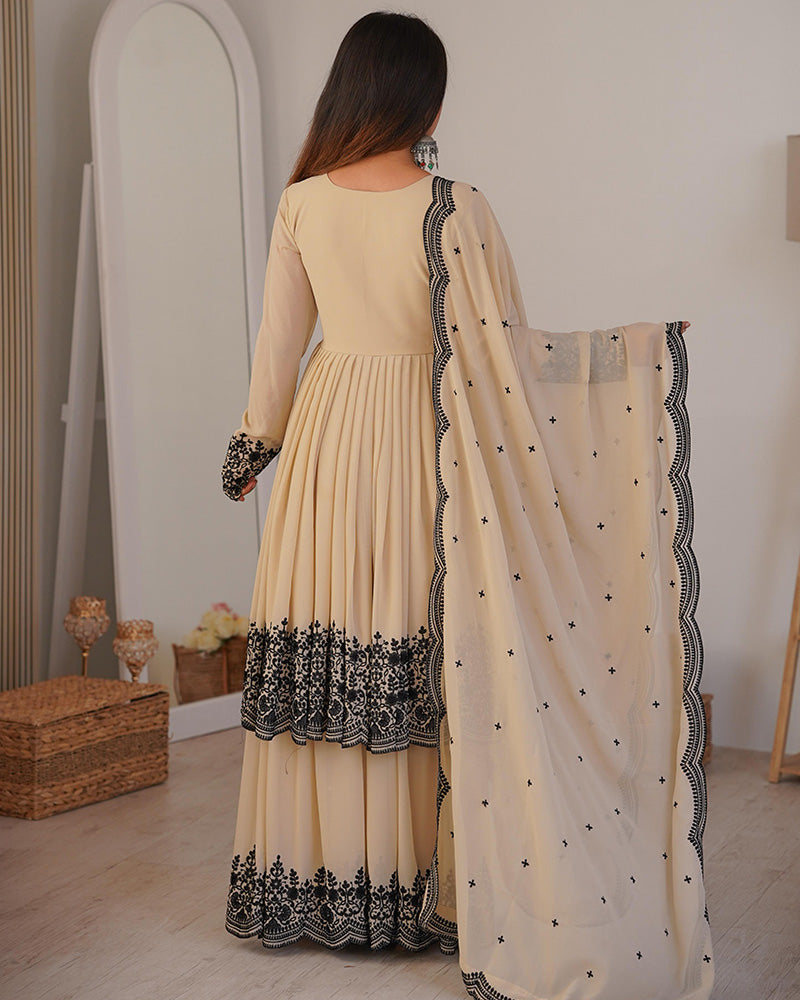 Off-White Color Faux Georgette Embroidered Plazzo Suit