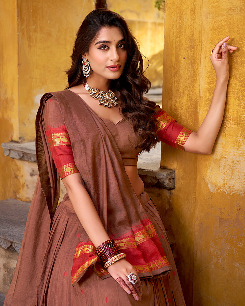 Elegant Brown Pure Chanderi Half Saree With Zari Weaving