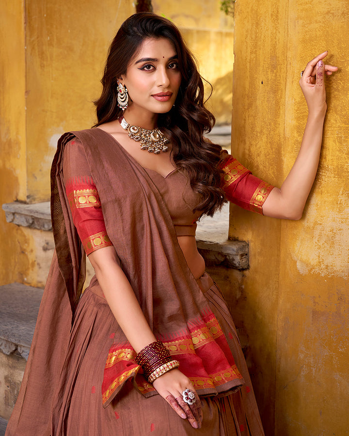 Elegant Brown Pure Chanderi Half Saree With Zari Weaving