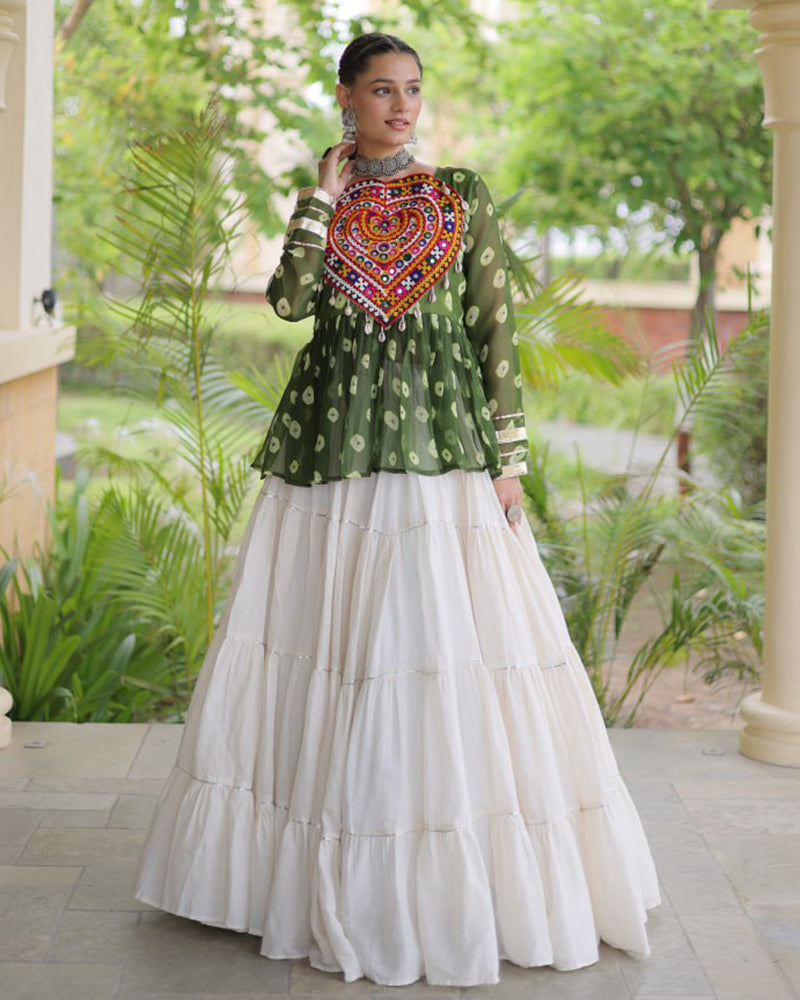 Parrot Green Color Bandhani Printed With Kora Cotton Navratri Lehenga Set