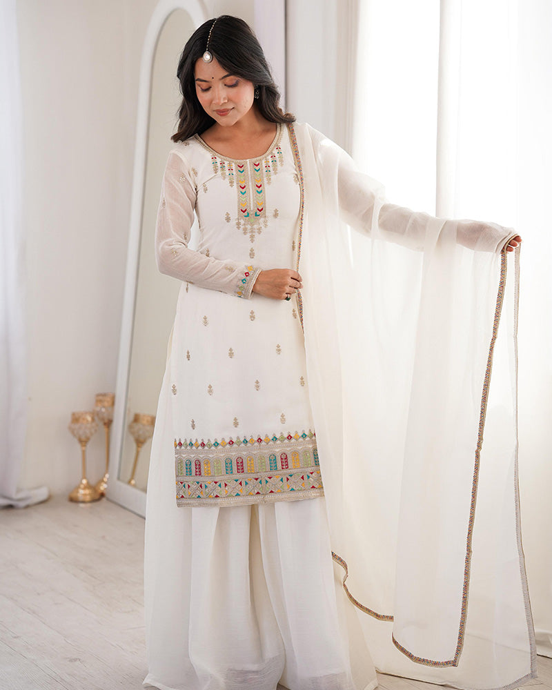 White Color Crunchy Silk Embroidered Plazzo Suit