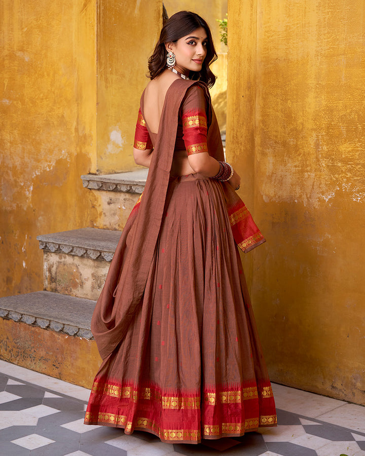 Elegant Brown Pure Chanderi Half Saree With Zari Weaving