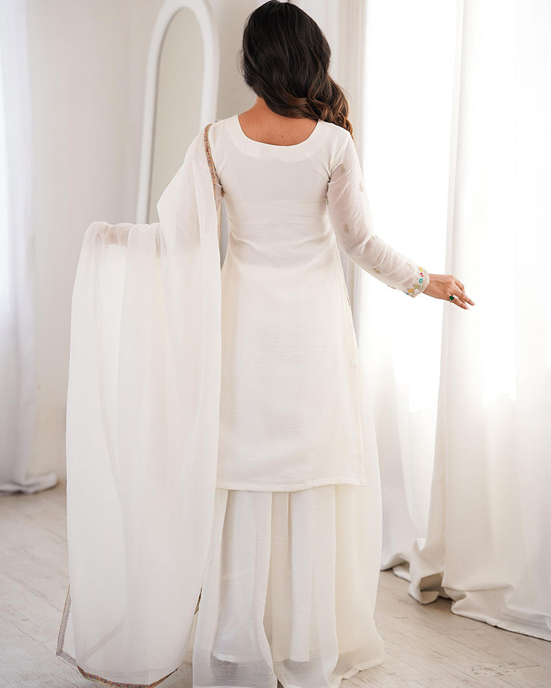 White Color Crunchy Silk Embroidered Plazzo Suit