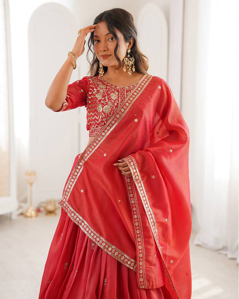 Orange Color Shimmer Silk Lehenga Choli