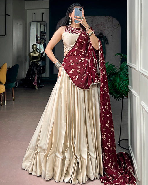 Off White Color Monga Silk Navratri Lehenga Choli