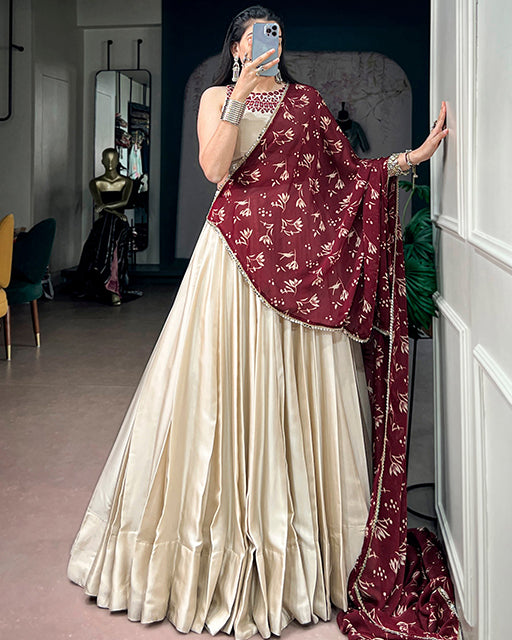 Off White Color Monga Silk Navratri Lehenga Choli