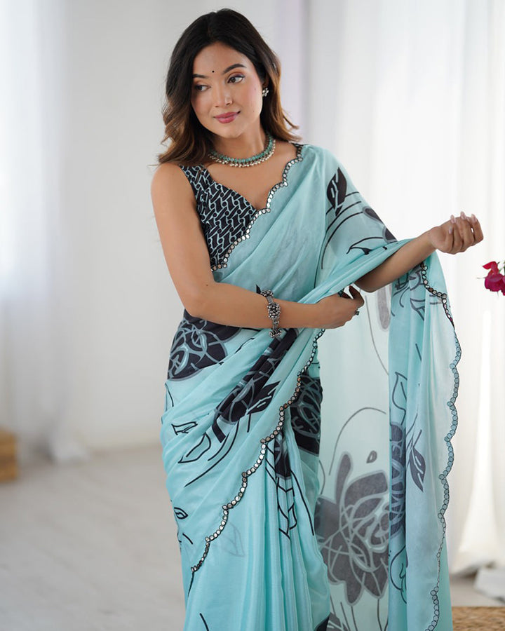 Bottle Green Color Chinnon Silk Digital Printed Saree