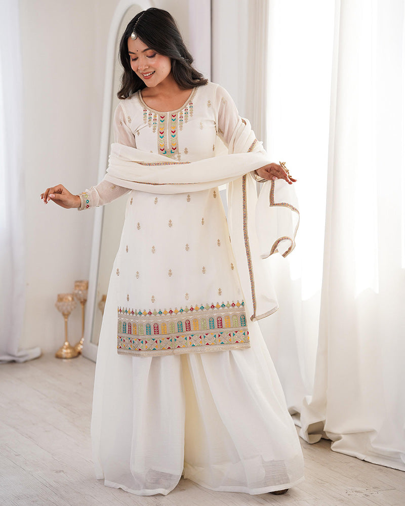 White Color Crunchy Silk Embroidered Plazzo Suit