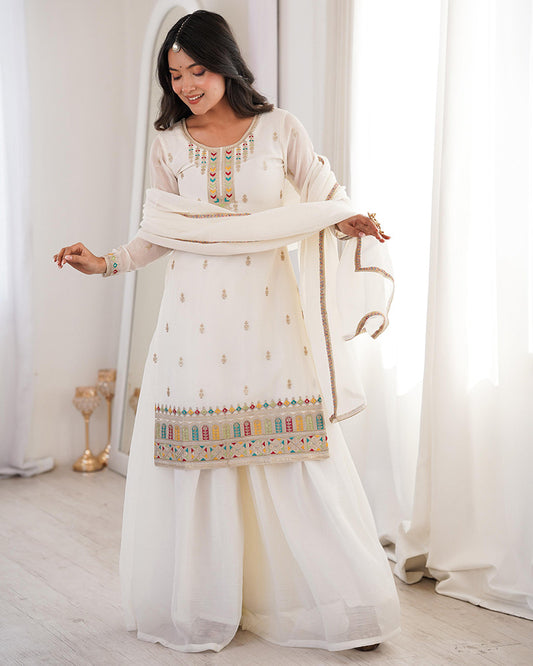White Color Crunchy Silk Embroidered Plazzo Suit