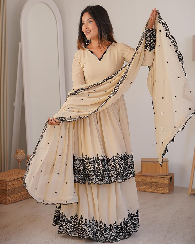Off-White Color Faux Georgette Embroidered Plazzo Suit