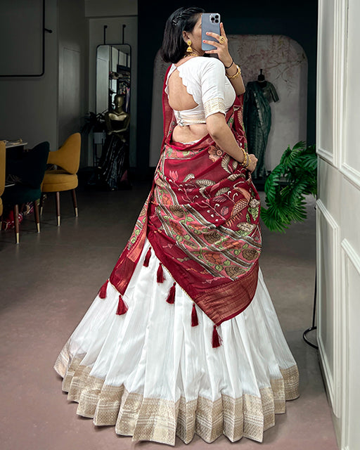 White Color Poly Kanjivaram Zari Weaving Half Saree