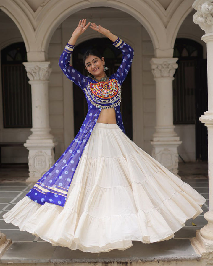 Blue Color Bandhani Print Kurti With Kora Cotton Lehenga