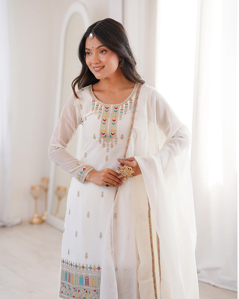 White Color Crunchy Silk Embroidered Plazzo Suit