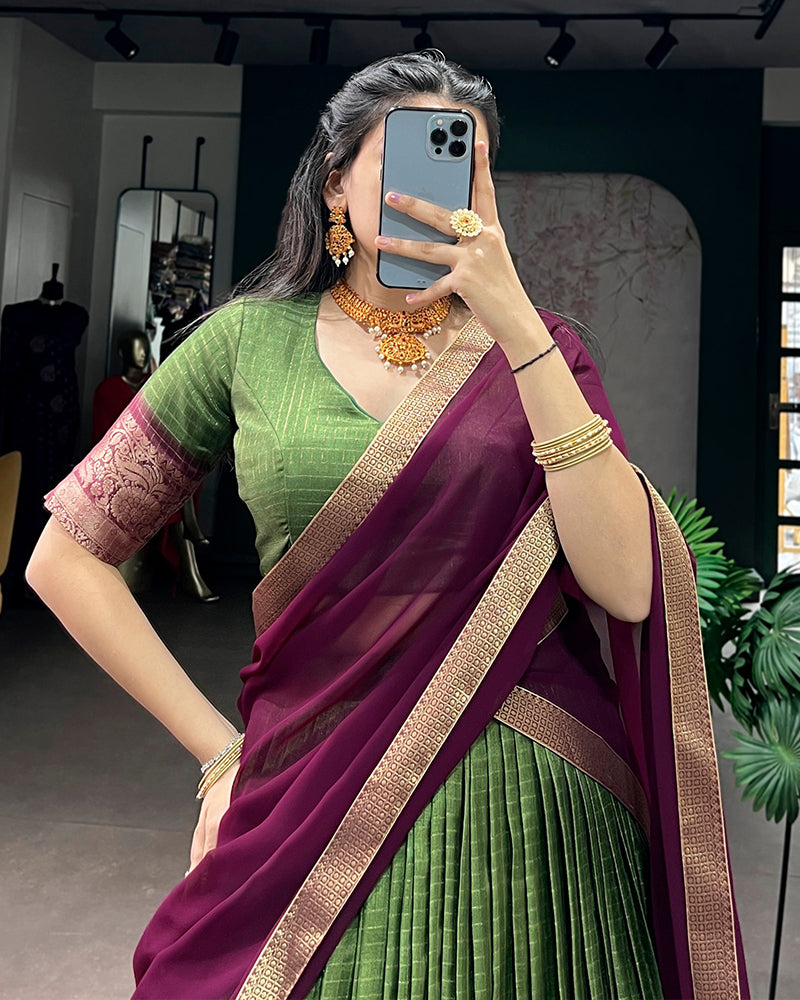Mehndi Color Dola Chex Zari Weaving Half Saree