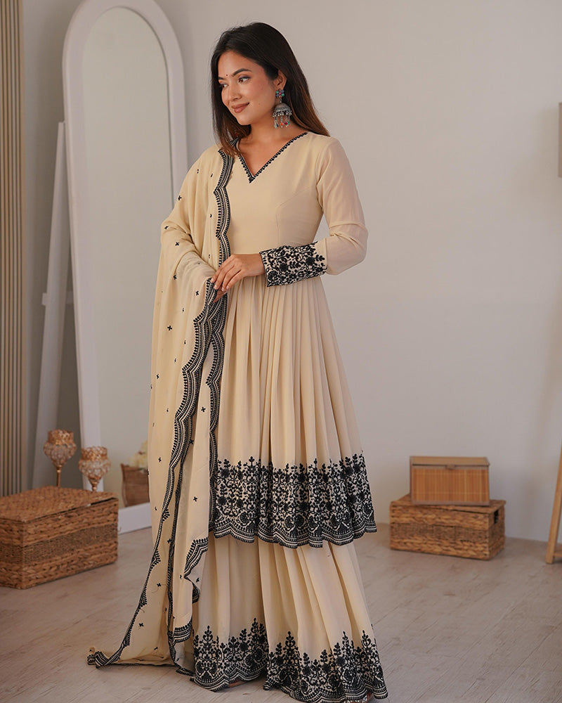 Off-White Color Faux Georgette Embroidered Plazzo Suit