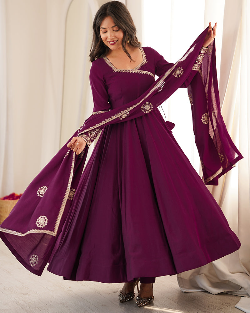 Wine Color Pure Roman Chanderi Silk Anarkali Suit