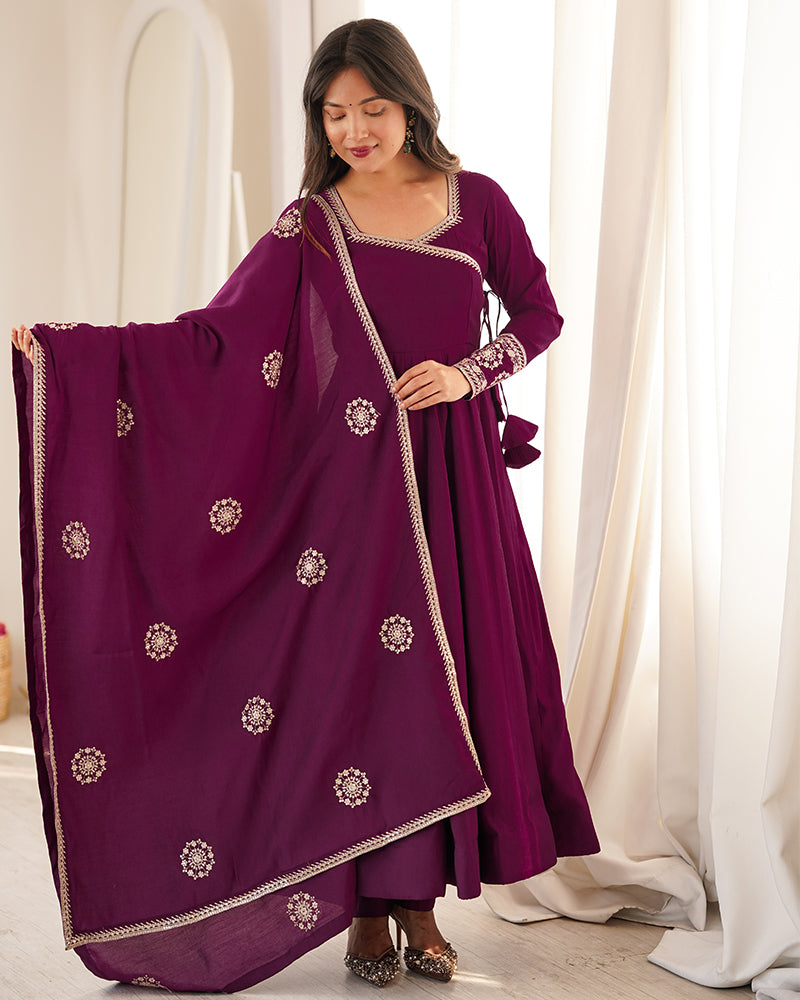 Wine Color Pure Roman Chanderi Silk Anarkali Suit