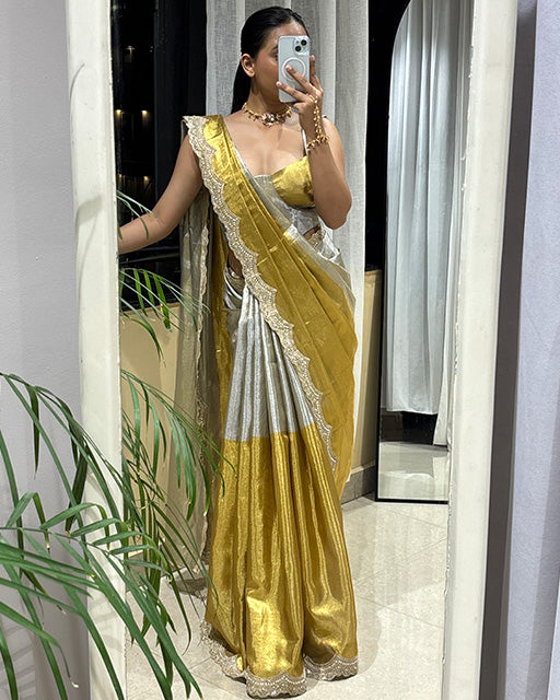 Golden And SIlver Color Metallic Bridal Tissue Silk Saree