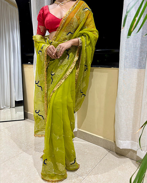 Parrot Green Color Premium Royal Georgette Saree