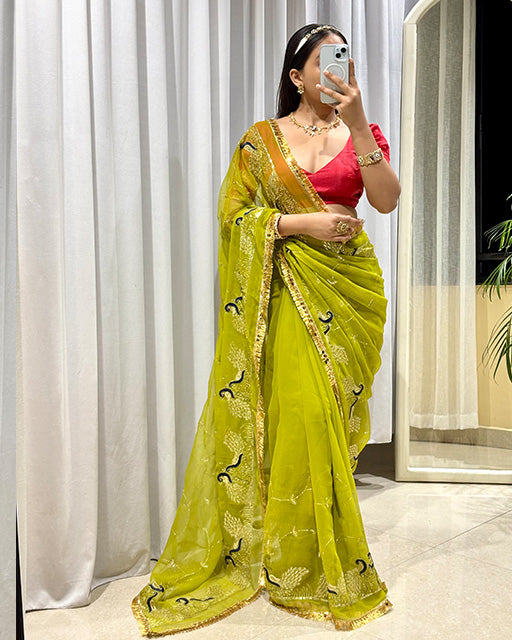 Parrot Green Color Premium Royal Georgette Saree