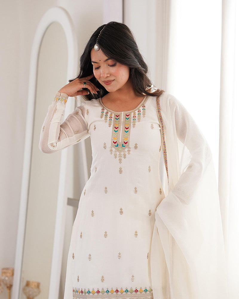 White Color Crunchy Silk Embroidered Plazzo Suit