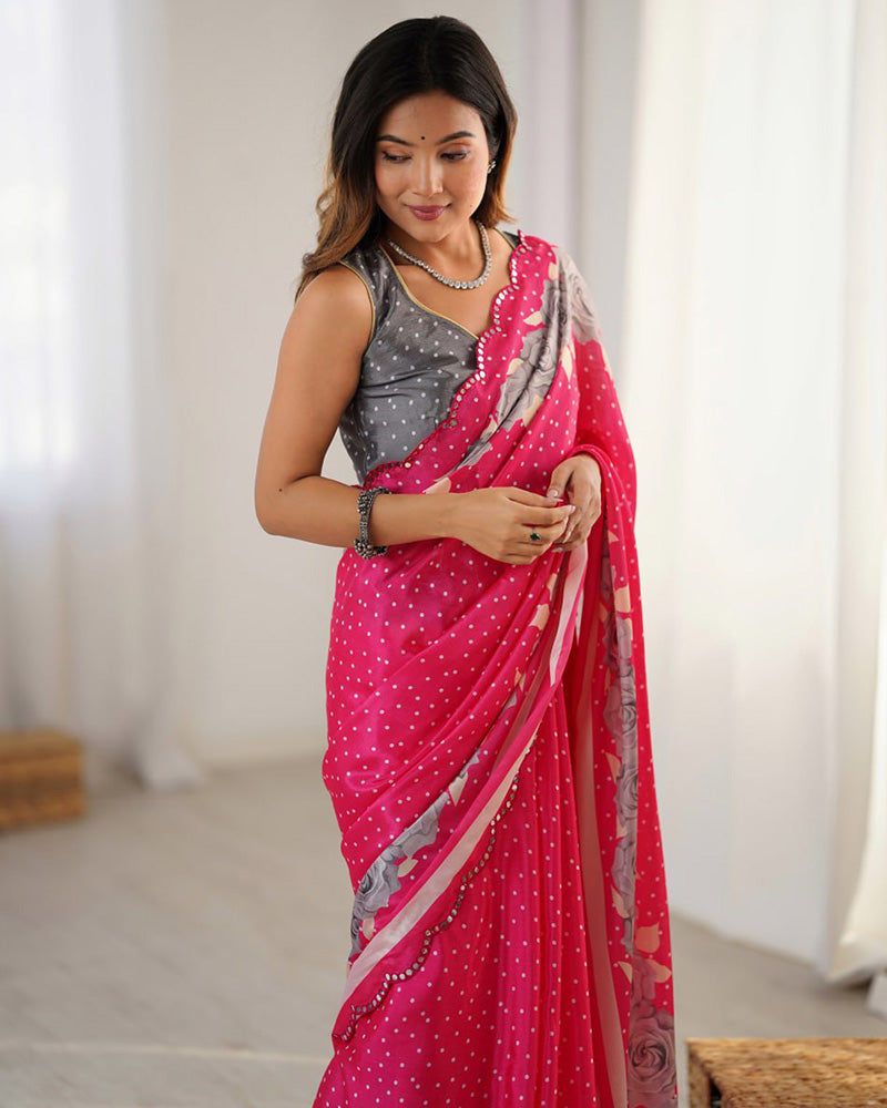 Rani Pink Color Chinnon Silk Digital Printed Saree