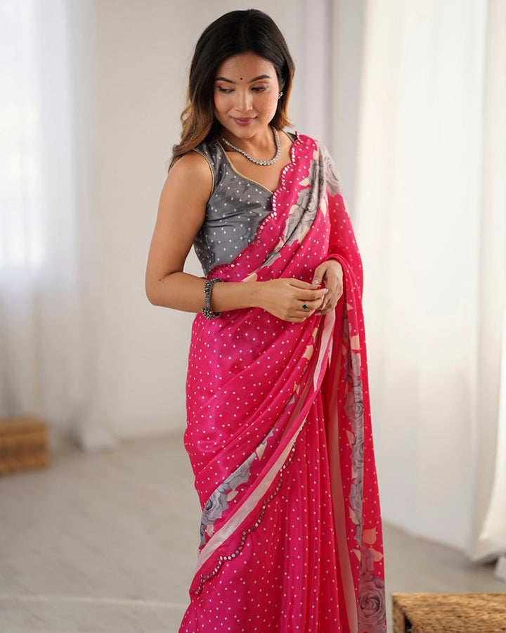 Rani Pink Color Chinnon Silk Digital Printed Saree