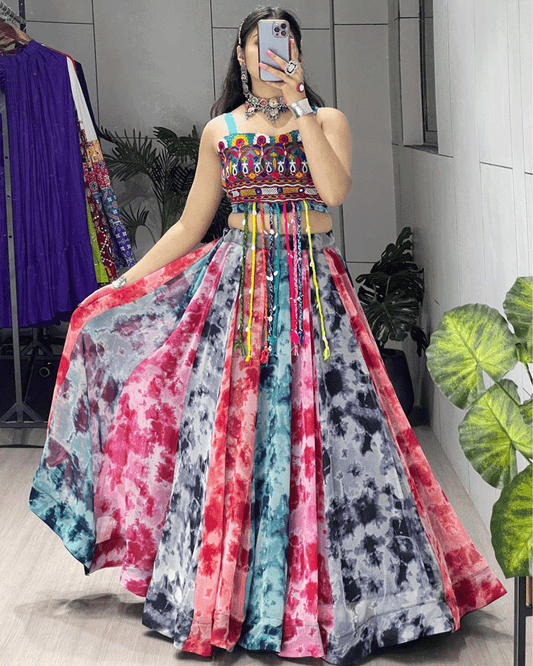 Multi Color Georgette Shibori Printed Navratri Lehenga Choli