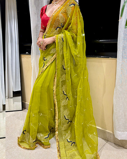 Parrot Green Color Premium Royal Georgette Saree