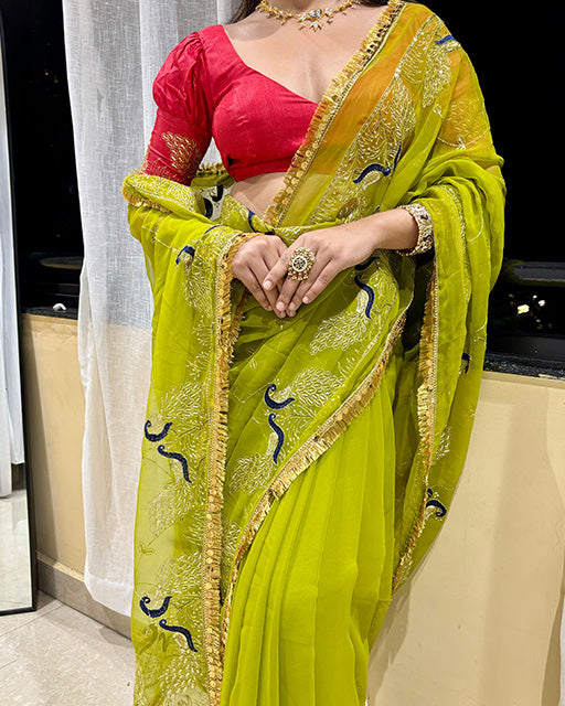 Parrot Green Color Premium Royal Georgette Saree