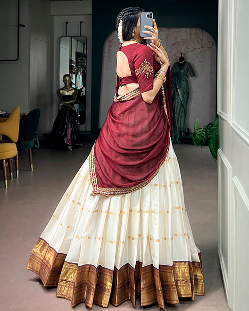 White Color Silk Cotton Zari Weaving Half Saree