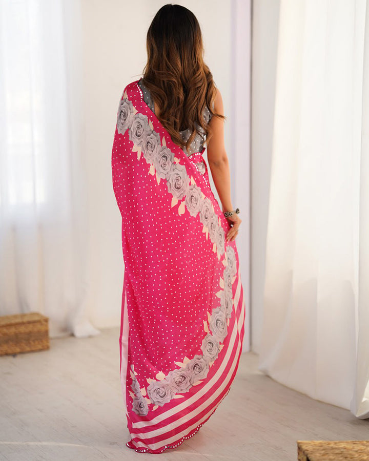 Rani Pink Color Chinnon Silk Digital Printed Saree