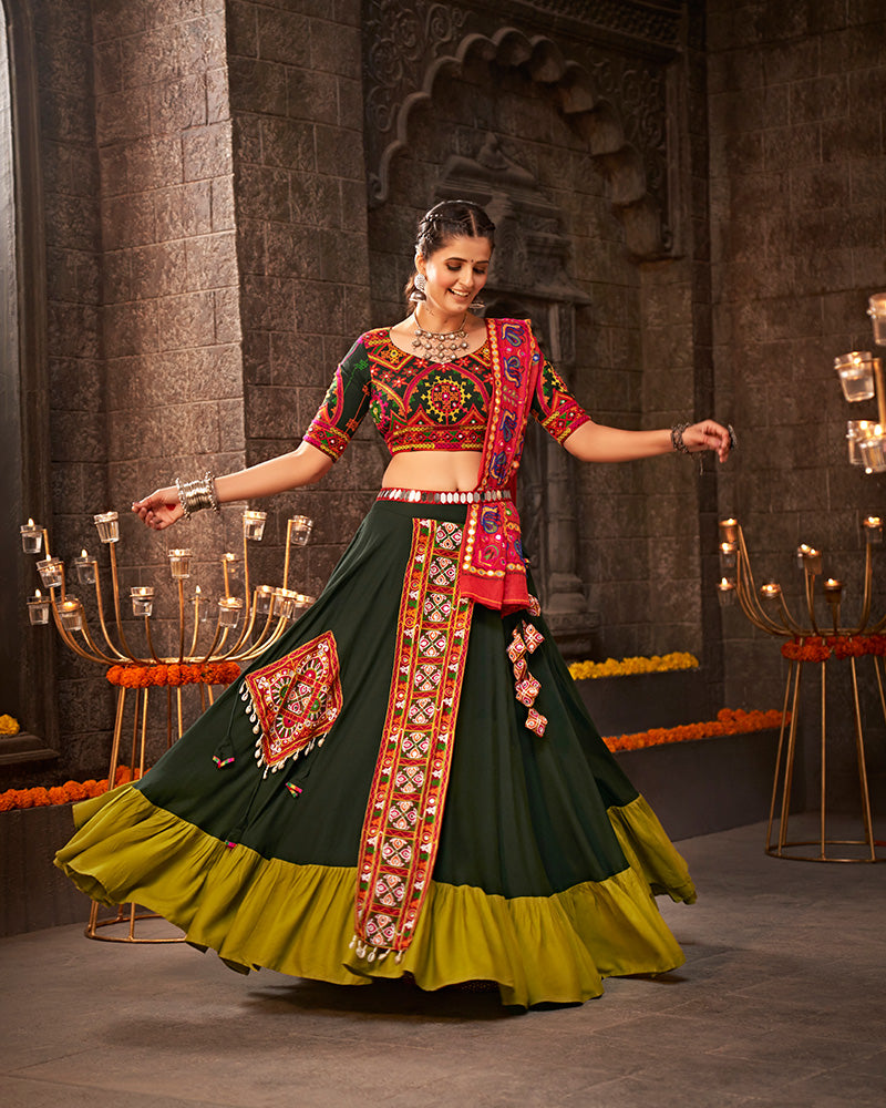 Dark Green Color Viscose Rayon Thread With Mirror Work Navratri Lehenga Choli