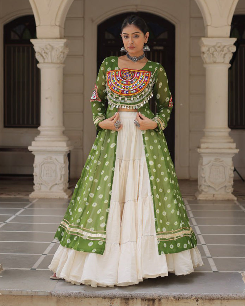 Parrot Green Color Bandhani Print Kurti With Kora Cotton Lehenga