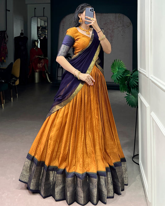 Mustard Color Dola Chex Zari Weaving Half Saree