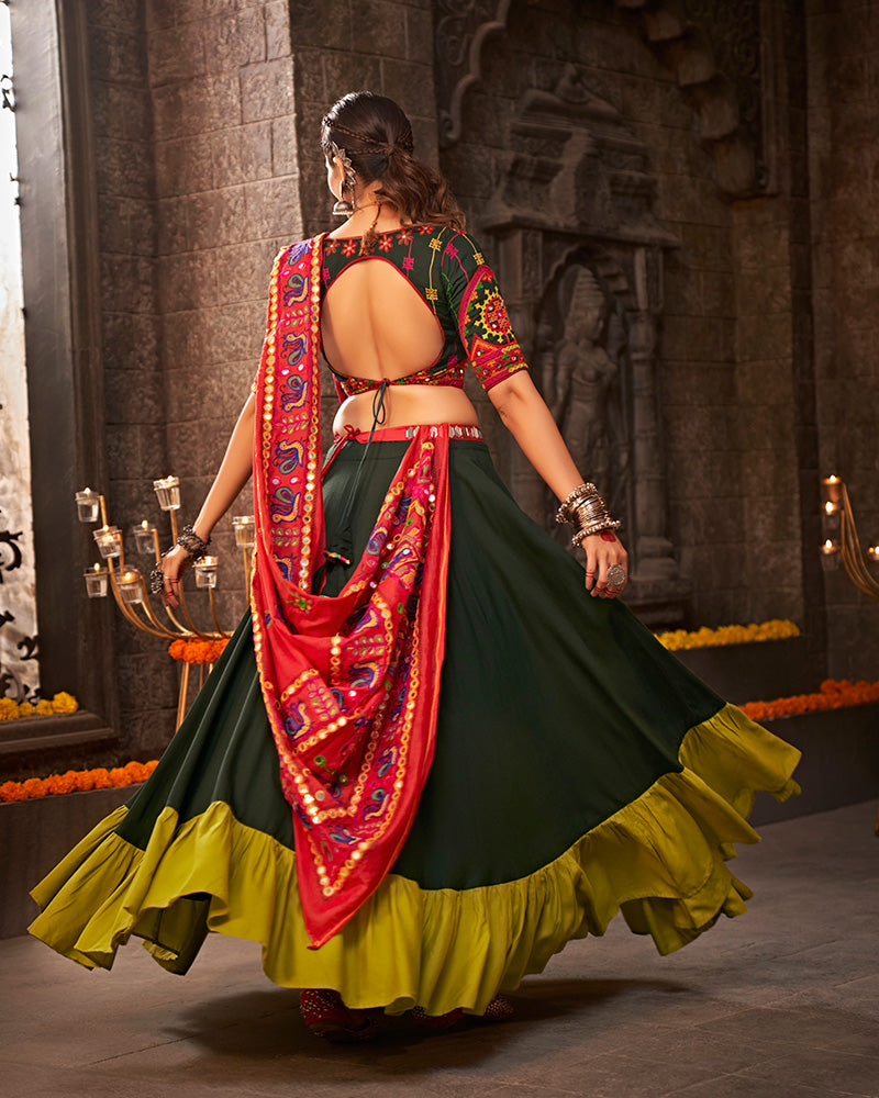 Dark Green Color Viscose Rayon Thread With Mirror Work Navratri Lehenga Choli