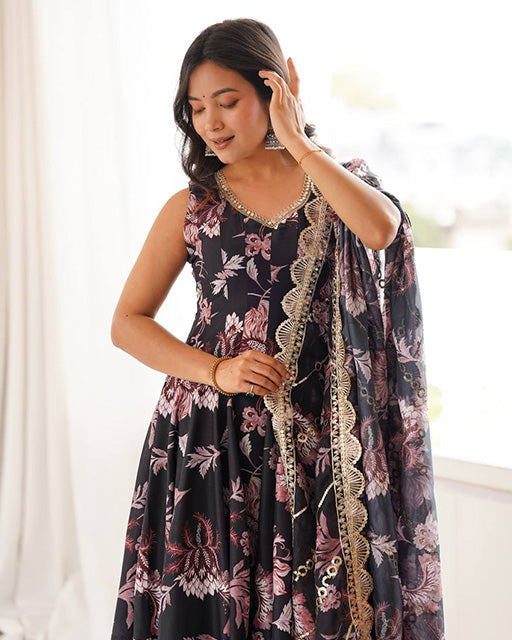black Color Pure Muslin Cotton Three Piece Anarkali Suit