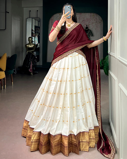 White Color Silk Cotton Zari Weaving Half Saree