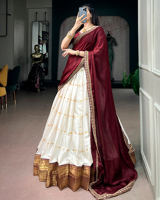 White Color Silk Cotton Zari Weaving Half Saree