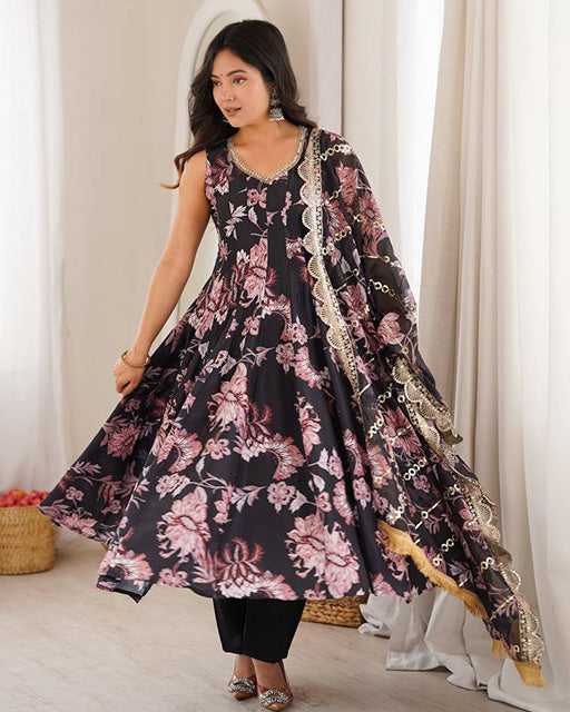 black Color Pure Muslin Cotton Three Piece Anarkali Suit