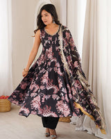 black Color Pure Muslin Cotton Three Piece Anarkali Suit