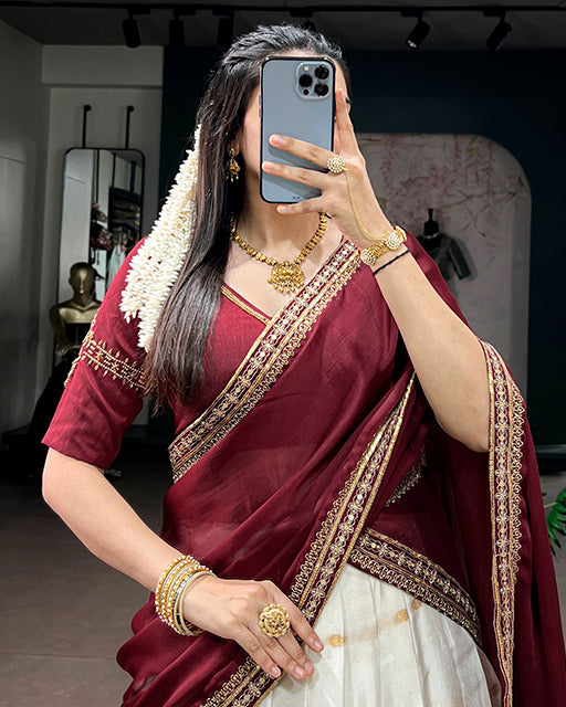 White Color Silk Cotton Zari Weaving Half Saree