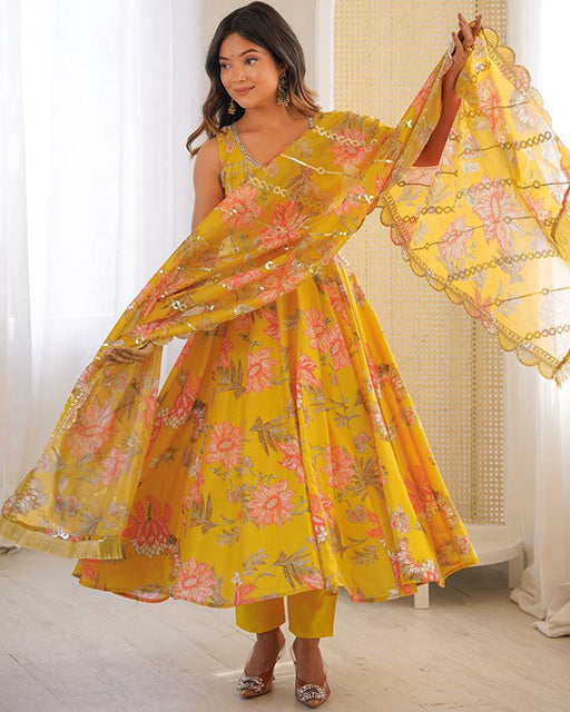Yellow Color Pure Muslin Cotton Three Piece Anarkali Suit