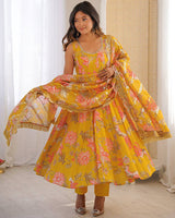 Yellow Color Pure Muslin Cotton Three Piece Anarkali Suit