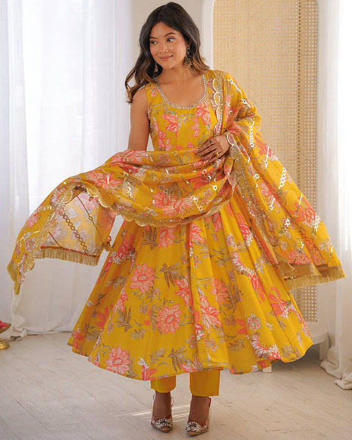 Yellow Color Pure Muslin Cotton Three Piece Anarkali Suit