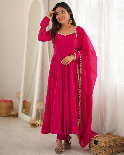 Rani Pink Color Pure Mal Chanderi Anarkali Suit